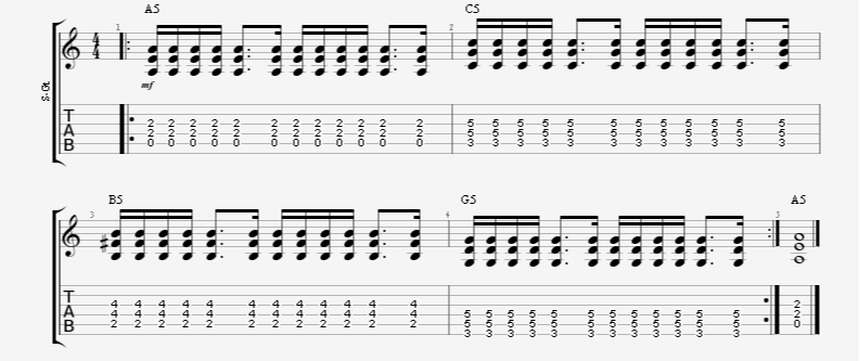 dotted 8th note to 16th note guitar rhythm strumming pattern