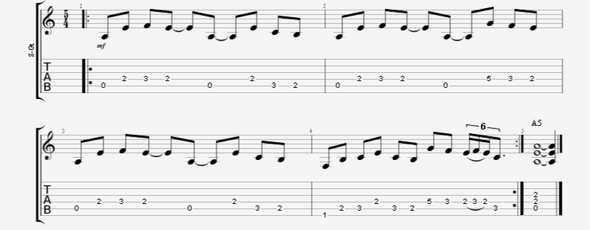 8th Notes Guitar Riff in a 5/4 Time Signature