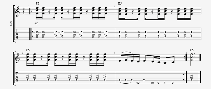 3/4 time signature guitar rhythm with rests