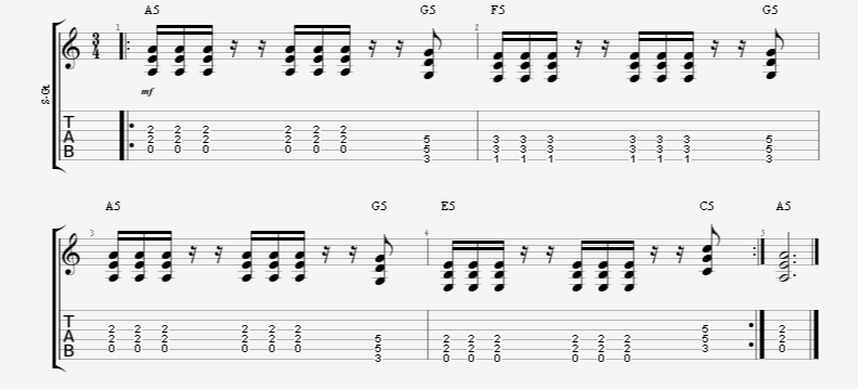 3/4 time signature guitar riff staccato syncopation