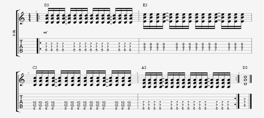 16th note guitar strumming rhythm pattern