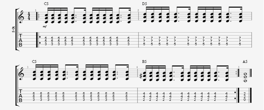 Dotted 8th plus 16th note guitar rhythm strumming pattern