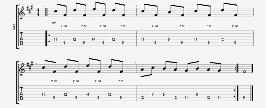 palm-mute pedal point metal guitar riff