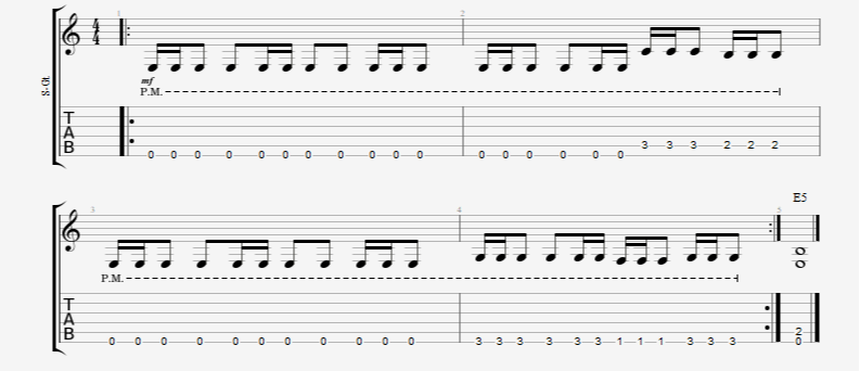 Single Notes Palm-Muted Guitar Riff Mixing Reverse Gallops, Gallops, and Straight 8th Notes