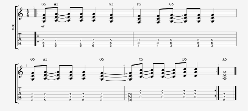 8th note rhythm guitar strum pattern