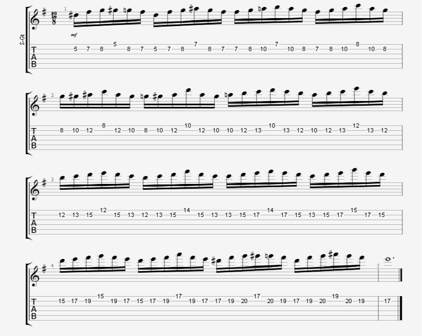 Sextuplet (16th Note Triplet) Guitar Run in E Minor